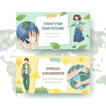 Twitter template with World Environment Day concept,watercolor style Stock Illustration