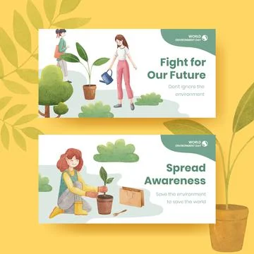Twitter template with World Environment Day concept,watercolor style Stock Illustration