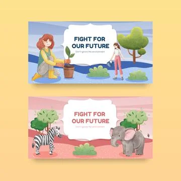 Twitter template with World Environment Day concept,watercolor style Stock Illustration