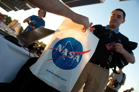Twitter users arrive for the start of a two-day NASA Tweetup event held at .. Stock Photos