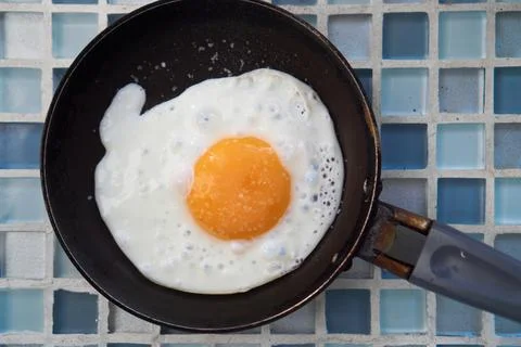 Two 2 Fried salt eggs in skillet pan on blue checkered background close up, top Stock Photos
