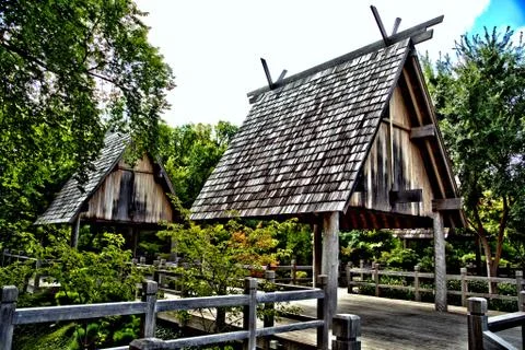 Two (2) native storage buildings in HDR Stock Photos