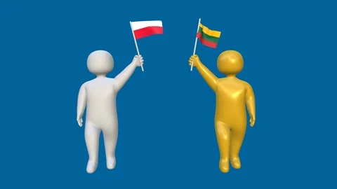 Two 3D animated figures holding and waving the flags of Poland and Lithuani.. Stock Footage 320353118