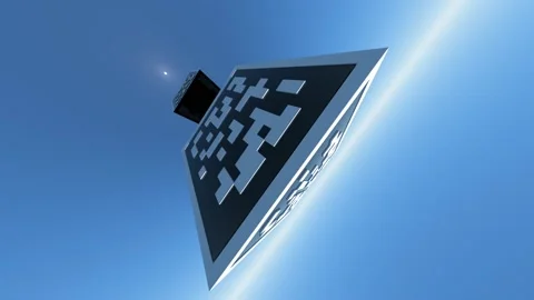 Two 3D barcodes patrol the blue sky in a beam of light. Crypto protection. Stock Footage 145683915