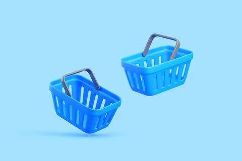 Two 3D Blue Shopping Baskets Floating on Light Blue Background Stock Illustration