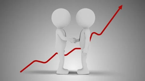 Two 3D Businessmen Shaking Hands with red market line behind them Stock Footage 249614165