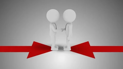 Two 3D Businessmen Shaking Hands while standing on two red arrows Stock Footage 249614177