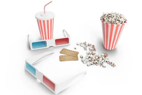 Two 3D Glasses, popcorn cup, cup with carbonated drink and two tickets for Stock Illustration