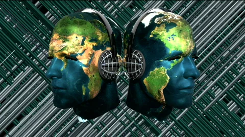 Two 3D head with earth texture with headphones  Stock Footage 142118