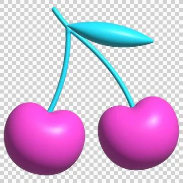 Two 3D heart cherries are sitting on transparent backdrop, glossy pink fruit, Stock Illustration