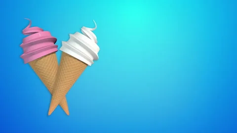 Two 3D Ice Cream Cones Forming Heart Shape, Blue Background Stock Footage 348234416