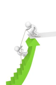 Two 3d man climbing a green upswing arrow, helpfulness concept Stock Illustration
