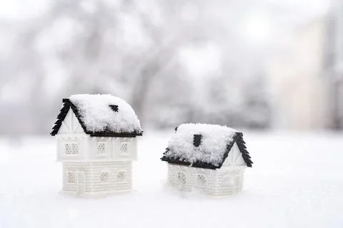 Two 3D model house on snow natural background for winter season Stock Photos