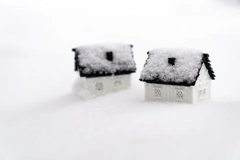 Two 3D model house on snow natural background for winter season Stock Photos