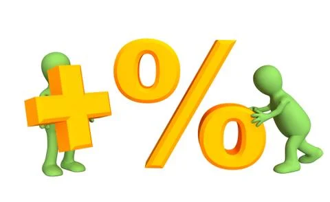 Two 3d persons, holding in hands symbols plus and percent Stock Illustration