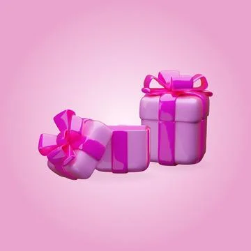 Two 3D pink square gift boxes with closed and open lids and bows. Stock Illustration