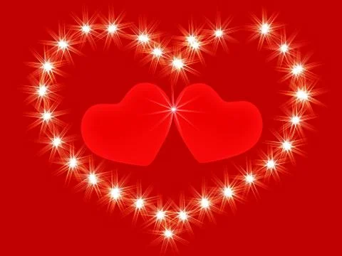 Two 3d red hearts in an environment of shining stars Stock Illustration