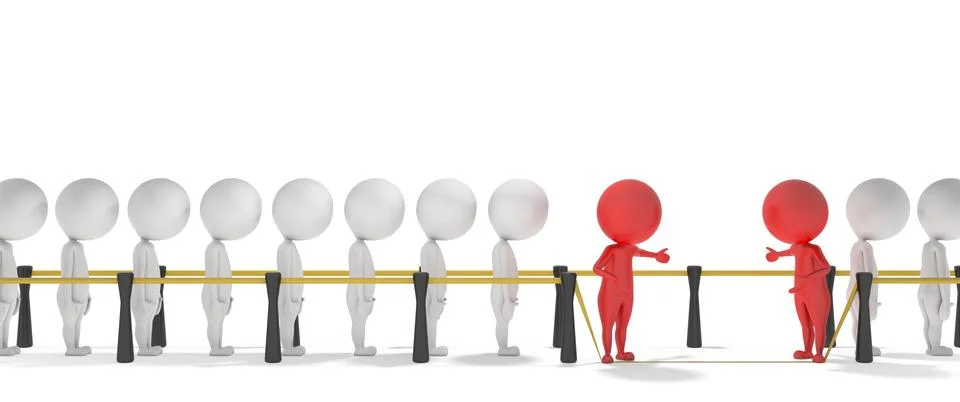 Two 3d smart red men invite you in queue Stock Illustration