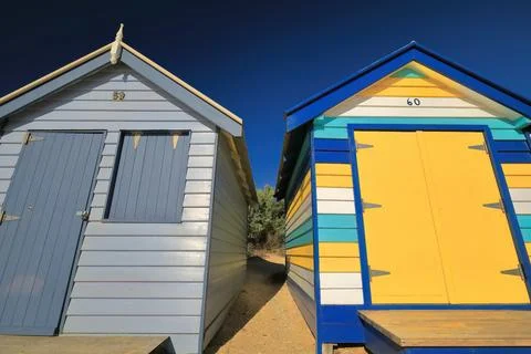 Two of the 82 Victorian bathing boxes, Dendy St.Beach, Brighton. Melbourne-AUS Stock Photos