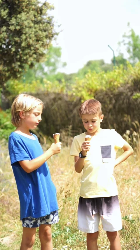 Two 9-year-old Caucasian boys playing in a river by going down a stone slide Stock Footage 277194310