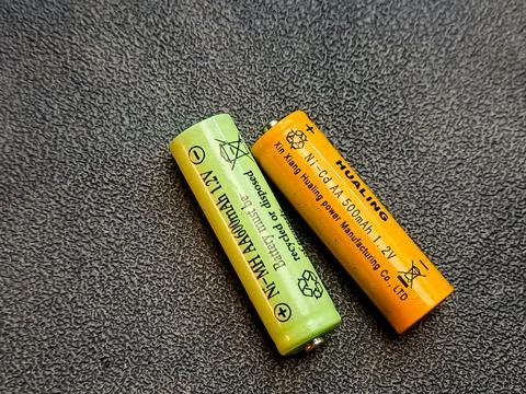 Two AA batteries, one light green and one yellow resting on a textured surf.. Stock Photos