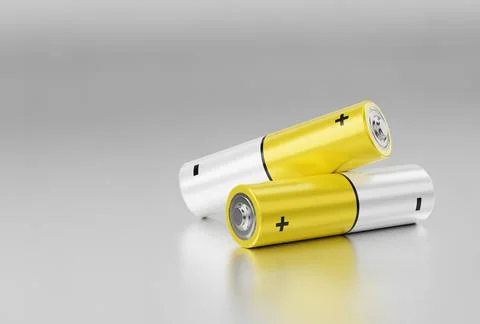 Two AA size yellow batteries on a metal background. 3d render. 스톡 일러스트