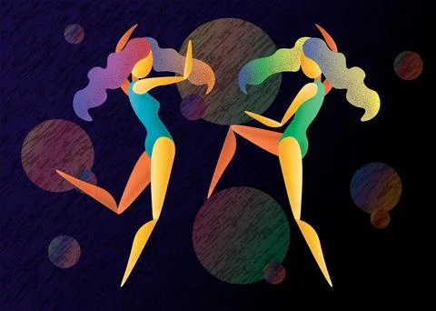 Two abstract bright color dancing girls on a dark background Illustrazione stock