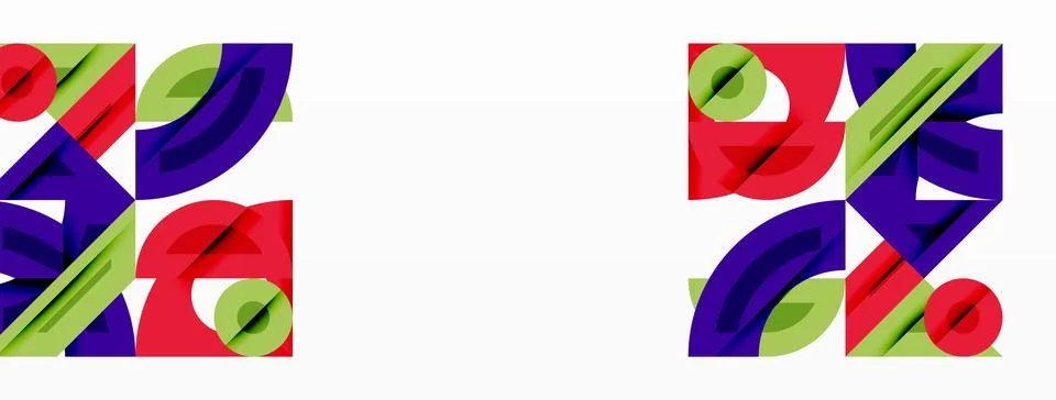Two abstract designs featuring vibrant green, red, purple elements. Shapes Illustrazione stock