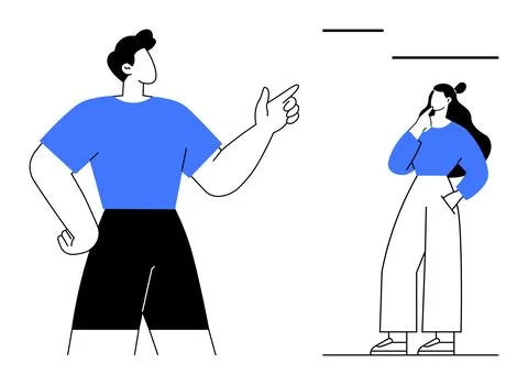 Two abstract figures in conversation with thoughtful gestures and attentive.. Stock Illustration