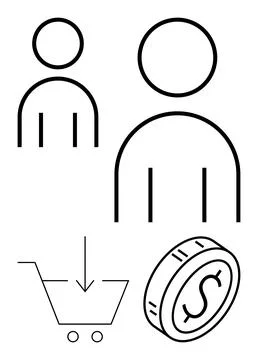 Two abstract human figures, shopping cart with downward arrow, and coin with  Stock Illustration