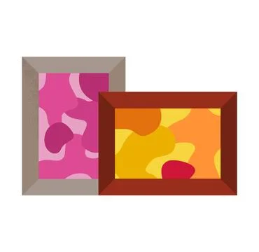 Two abstract paintings in brown frames, one pink and purple, the other yellow Illustrazione stock