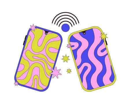 Two abstract smartphones connected wirelessly neubrutalism 2D cartoon object Stock Illustration