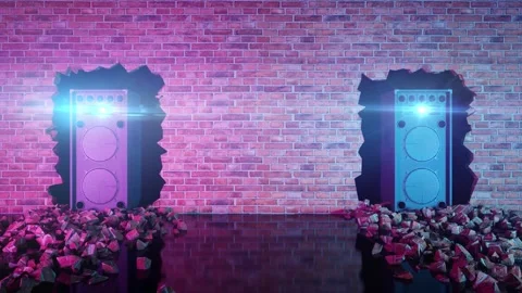 Two acoustic speakers located in a crack in a brick wall in neon lighting Stock Footage 314114535