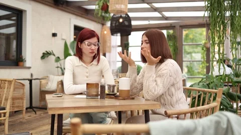 Two acquaintances sit in a cozy cafe one speaking passionately  Stock Footage 320827259