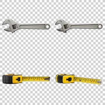 Two adjustable wrenches and two yellow tape measures isolated on transparen.. Stock-Fotos