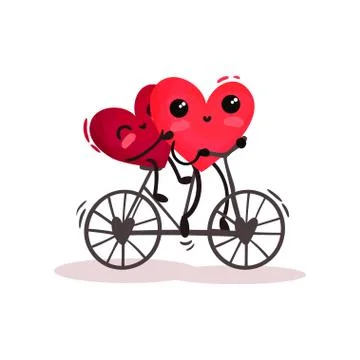 Two adorable humanized red hearts riding tandem bike. Romantic couple Ilustración de archivo