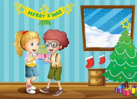 Two adorable kids exchanging their christmas gifts Stock Illustration