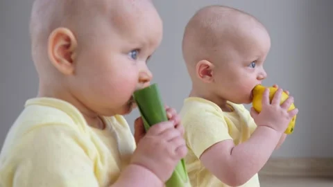 Two Adorable Twin Babies Eating Fresh Fruits And Vegetables. Stockbeeldmateriaal 134199659