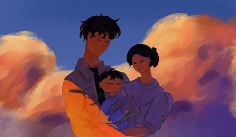 Two Adults Holding a Child Under Sunset Clouds Illustration