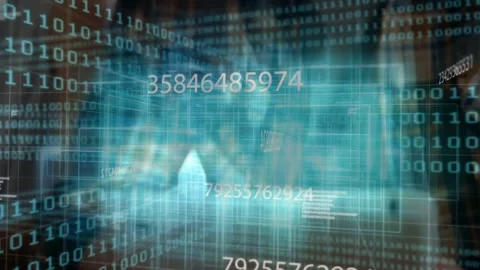 Two adults leaning and holding phone, creating tech HUD overlaying them while Stock Footage 331235982