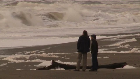 Two adults standing on a windswept beach looking out to sea Stock Footage 90214873