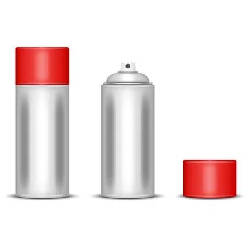 Two aerosol paint cans with red caps realistic 3d vector blank mockup front.. Stock Illustration