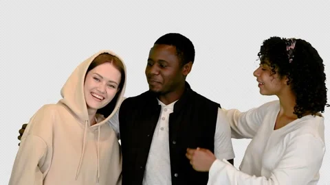 Two African American teens having fun with their Caucasian friend, Alpha Channel Stock Footage