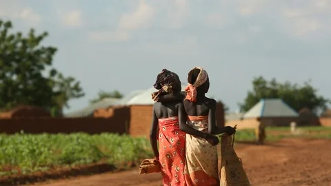 Two African girls walking down a rural road in northern Nigeria Stock Footage