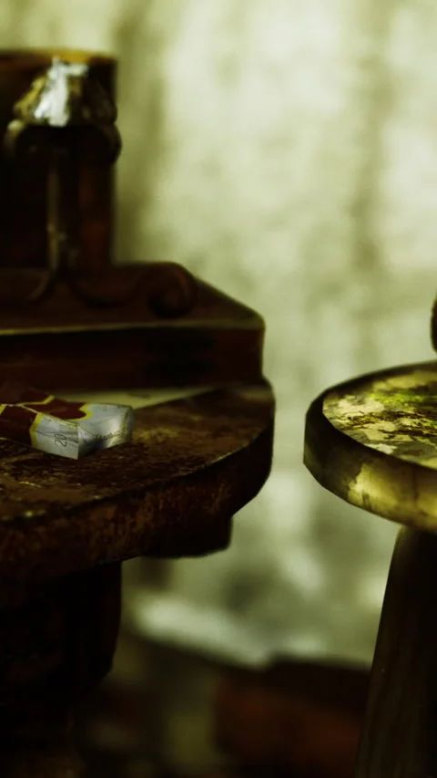 Two aged wooden stools sit side by side in a softly lit room Stock Footage 334215341