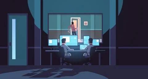 Two agents looking at monitors behind glass criminal thief in mask with bunch Stock Illustration