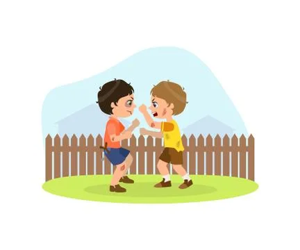 Two Aggressive Boys Fighting, Bad Behavior, Conflict Between Kids Vector 스톡 일러스트