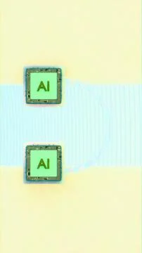 Two AI chips connected by a curved digital link on a soft yellow and cyan b.. Stock Illustration