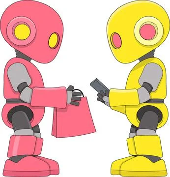Two AI Robots Interacting in Sales and Purchase Cartoon Vector Illustration Illustrazione stock