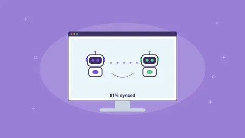 Two AI robots syncing tasks with flowing data on a screen, violet 库存影片 342596339